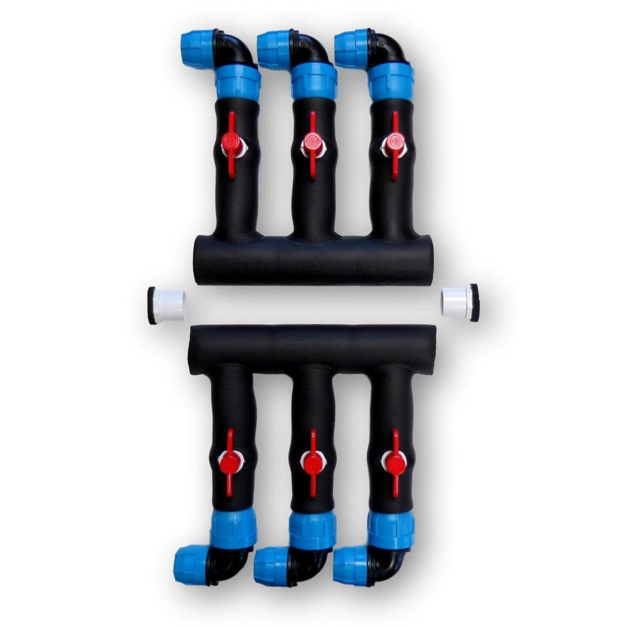 Three-circuit 3/4-inch x 1-1/4-inch PVC compression manifold set for geothermal loop systems