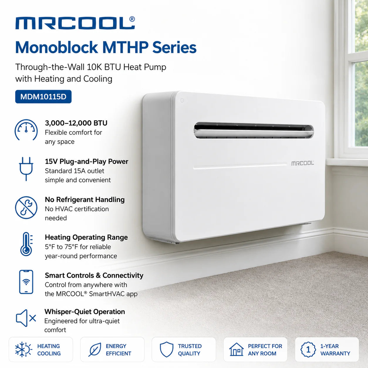 MRCOOL® Monoblock 10,000 BTU Ductless Wall Mounted Heating & Cooling System – WiFi – R32 – 115V – MDM10115D