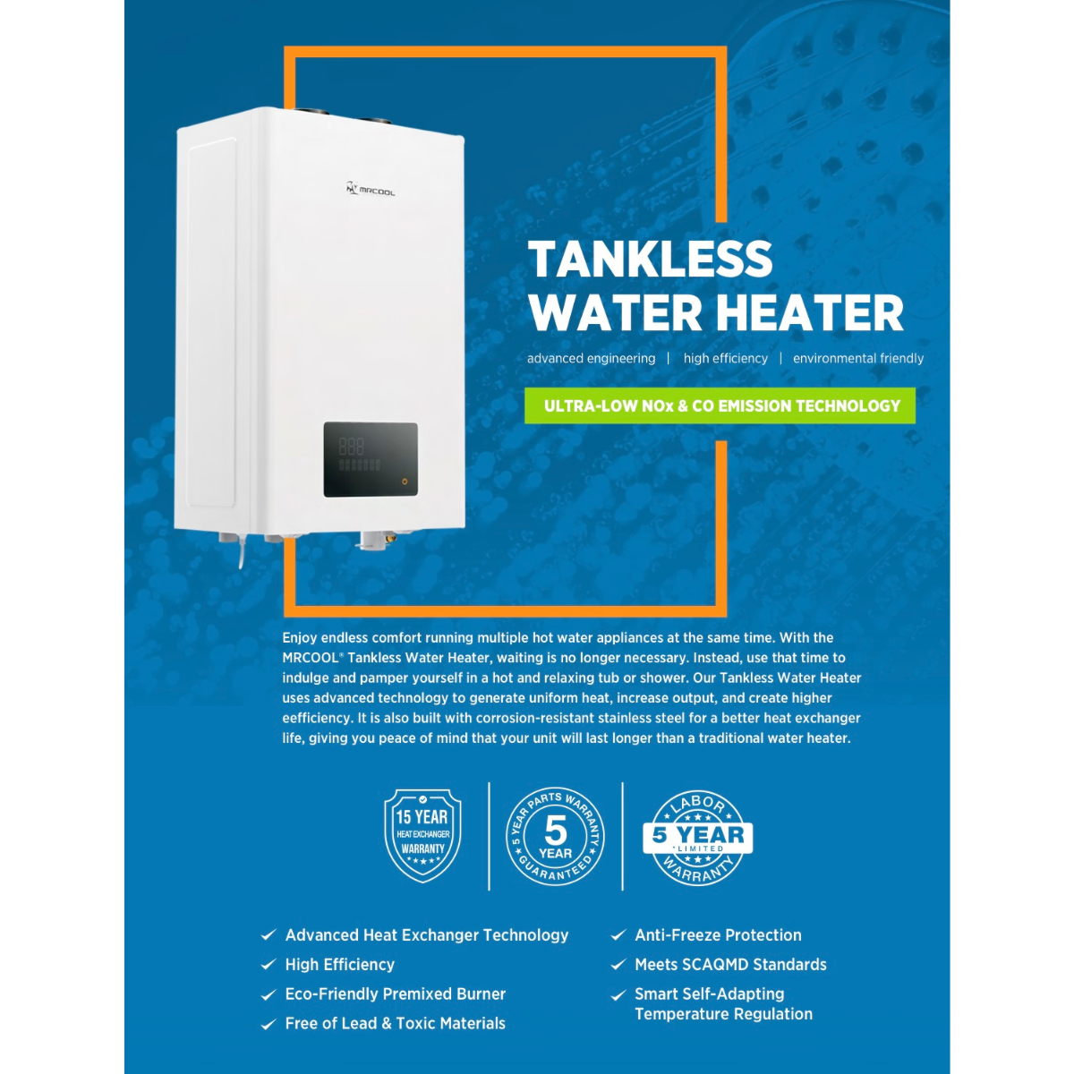 MRCOOL tankless water heater warranty information graphic