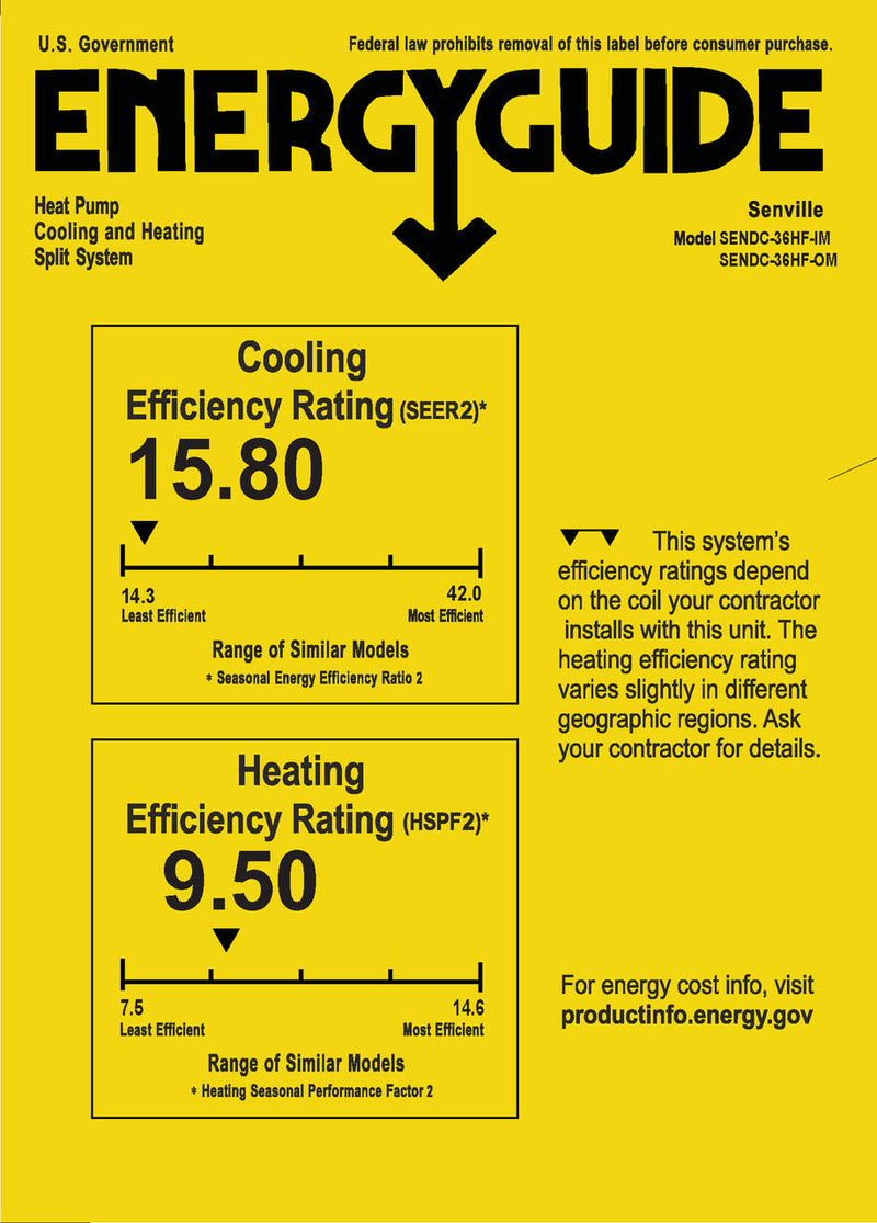 Senville 36,000 BTU 17.4 SEER2 Central Air Conditioner Heat Pump System Energy Guide