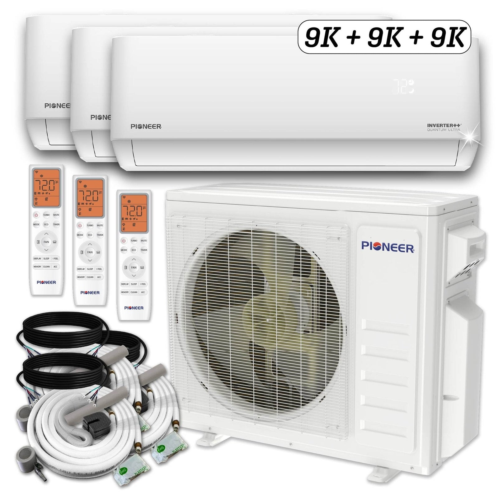 Pioneer Triple Split 27000 BTU 2.25-Ton Quantum Ultra Wi-Fi 24 SEER2 Energy-Star Multi (3) Zone Wall Mount Air Conditioner Heat Pump 230-Volt