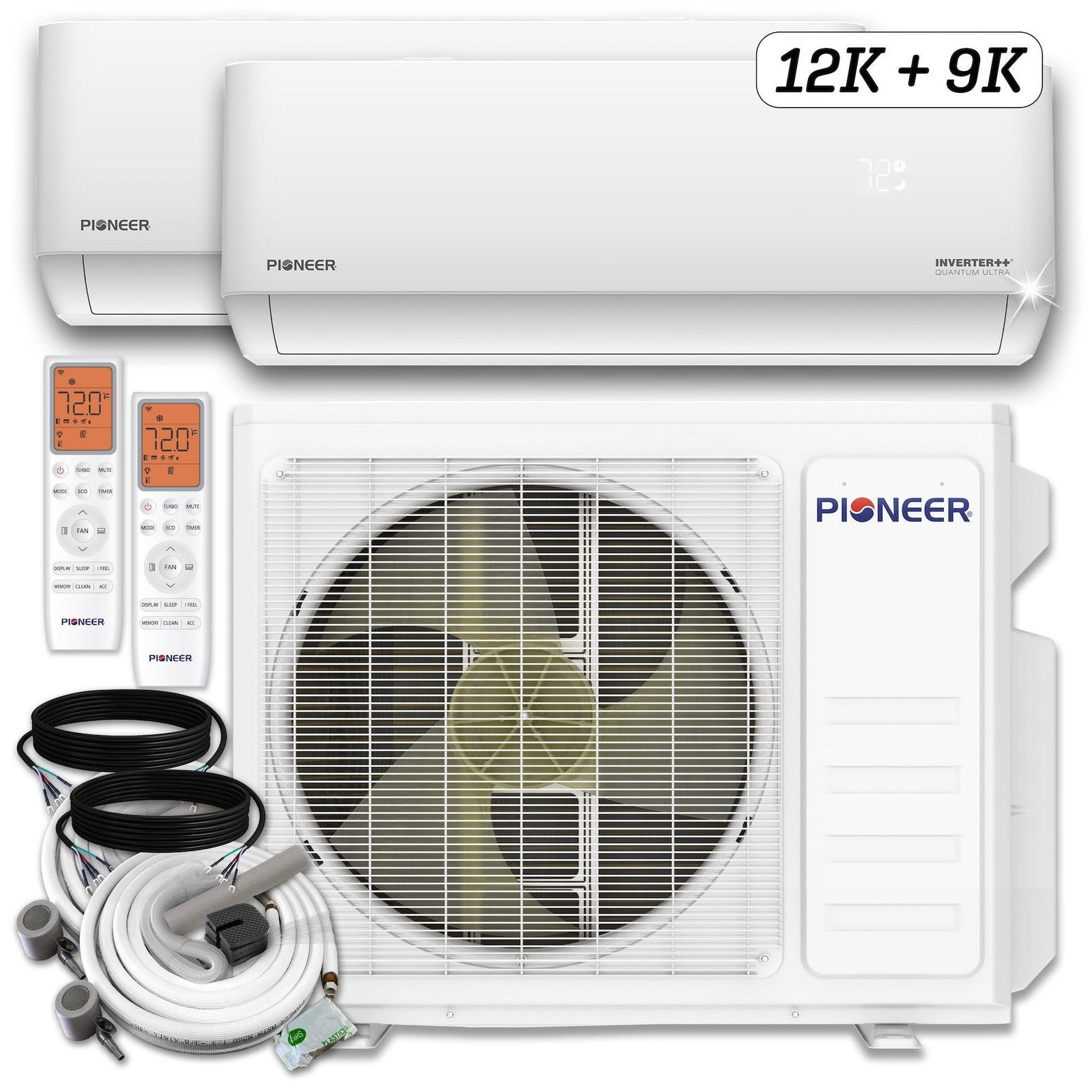 Pioneer Dual Split 21,000 BTU (9K + 12K) 1.5-Ton Quantum Ultra Wi-Fi 24 SEER2 Energy-Star Multi (2) Zone Wall Mount Air Conditioner Heat Pump 230-Volt