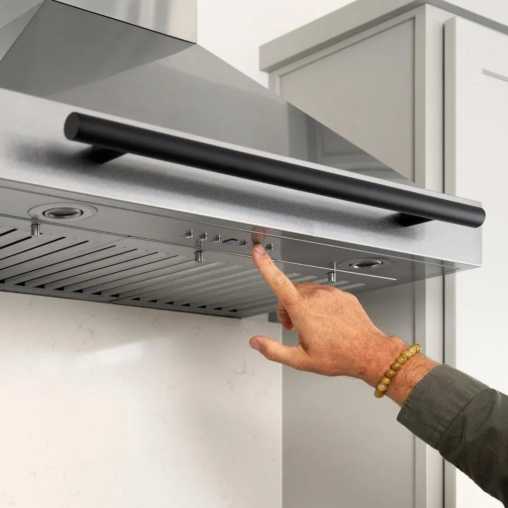 ZLINE Autograph Edition 30-inch range hood in stainless steel and matte black accents KB4STZ-30-MB, view 2