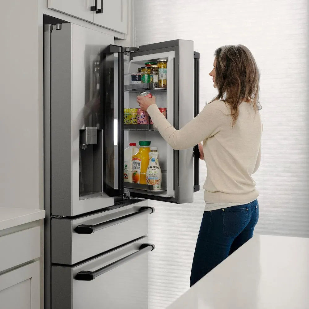 ZLINE Autograph Edition 36-inch refrigerator in fingerprint-resistant stainless steel with bright white interior and matte black accents RFMZ-W-36-MB, view 4