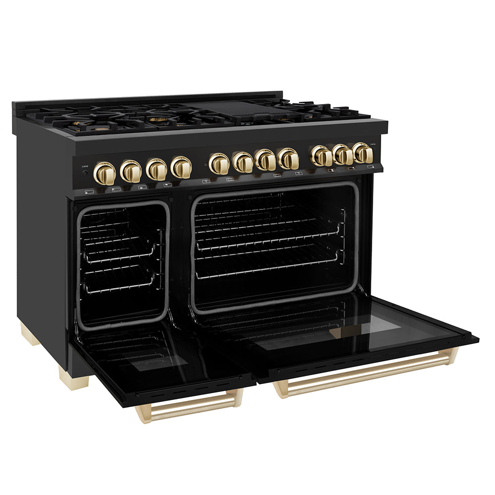 ZLINE Autograph Edition Legacy 48-inch range in black stainless steel and polished gold accents RABZ-48-G, door open