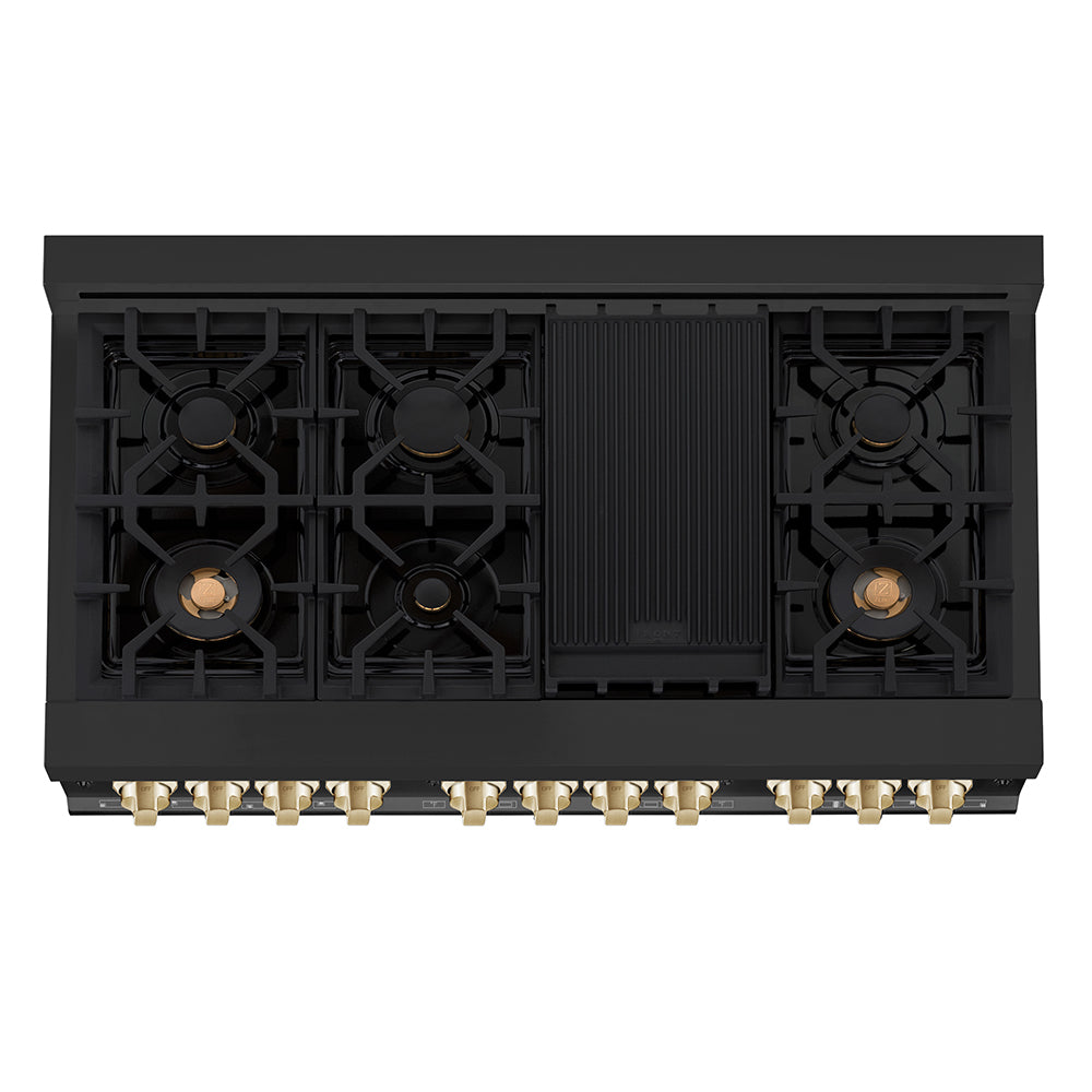 ZLINE Autograph Edition Legacy 48-inch range in black stainless steel and polished gold accents RABZ-48-G, from above