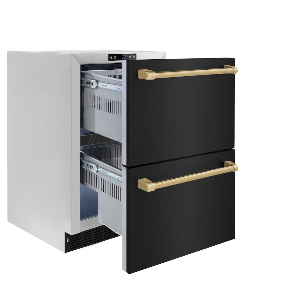 ZLINE Autograph Edition Touchstone 24-inch refrigerator in black stainless steel and champagne bronze accents RDSOZ-BS-24-CB, door open
