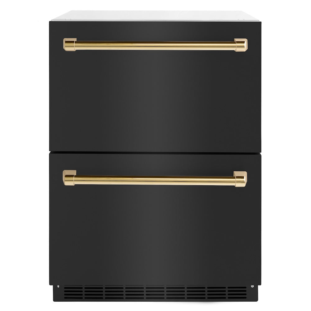 ZLINE Autograph Edition Touchstone 24-inch refrigerator in black stainless steel and polished gold accents RDSOZ-BS-24-G