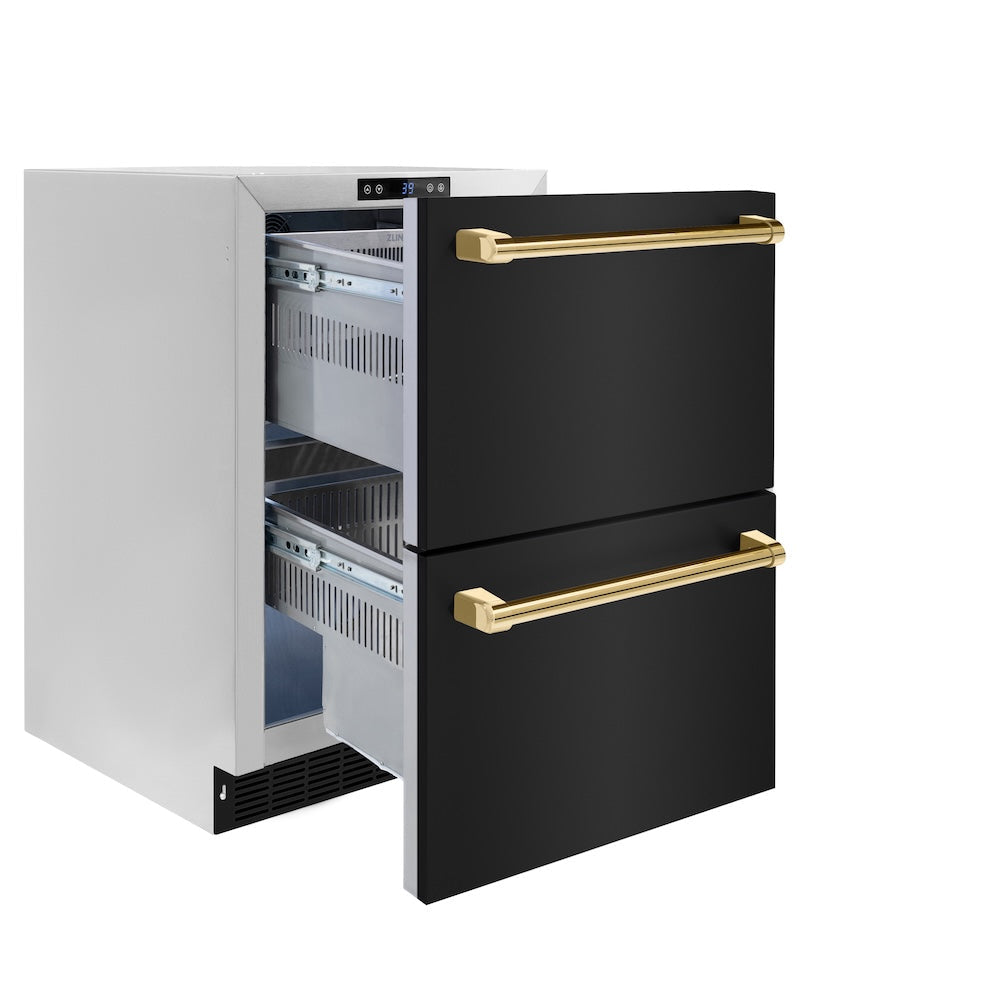 ZLINE Autograph Edition Touchstone 24-inch refrigerator in black stainless steel and polished gold accents RDSOZ-BS-24-G, door open