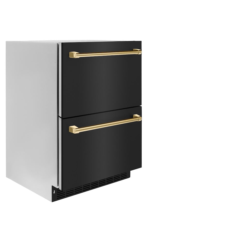 ZLINE Autograph Edition Touchstone 24-inch refrigerator in black stainless steel and polished gold accents RDSOZ-BS-24-G, side view