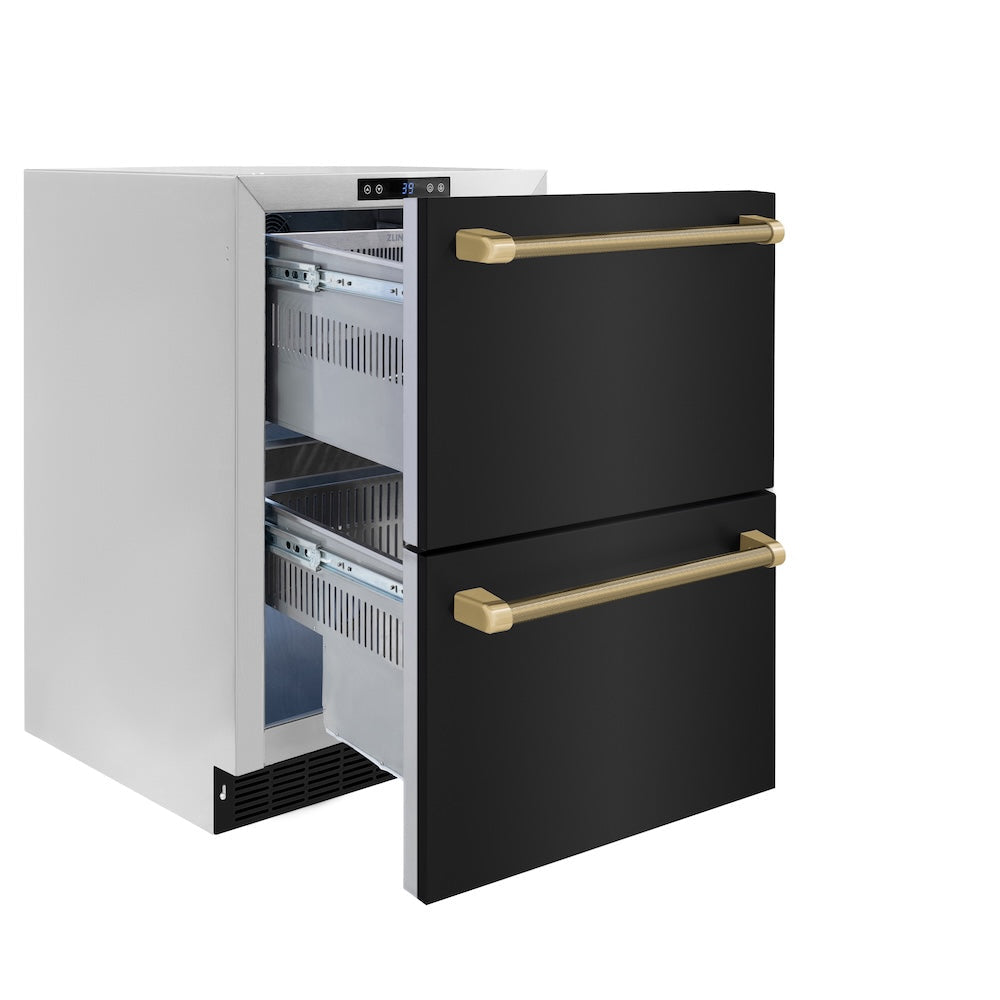 ZLINE Autograph Edition Touchstone 24-inch refrigerator in black stainless steel and champagne bronze accents RDSOZ-BS-24-KCB, door open