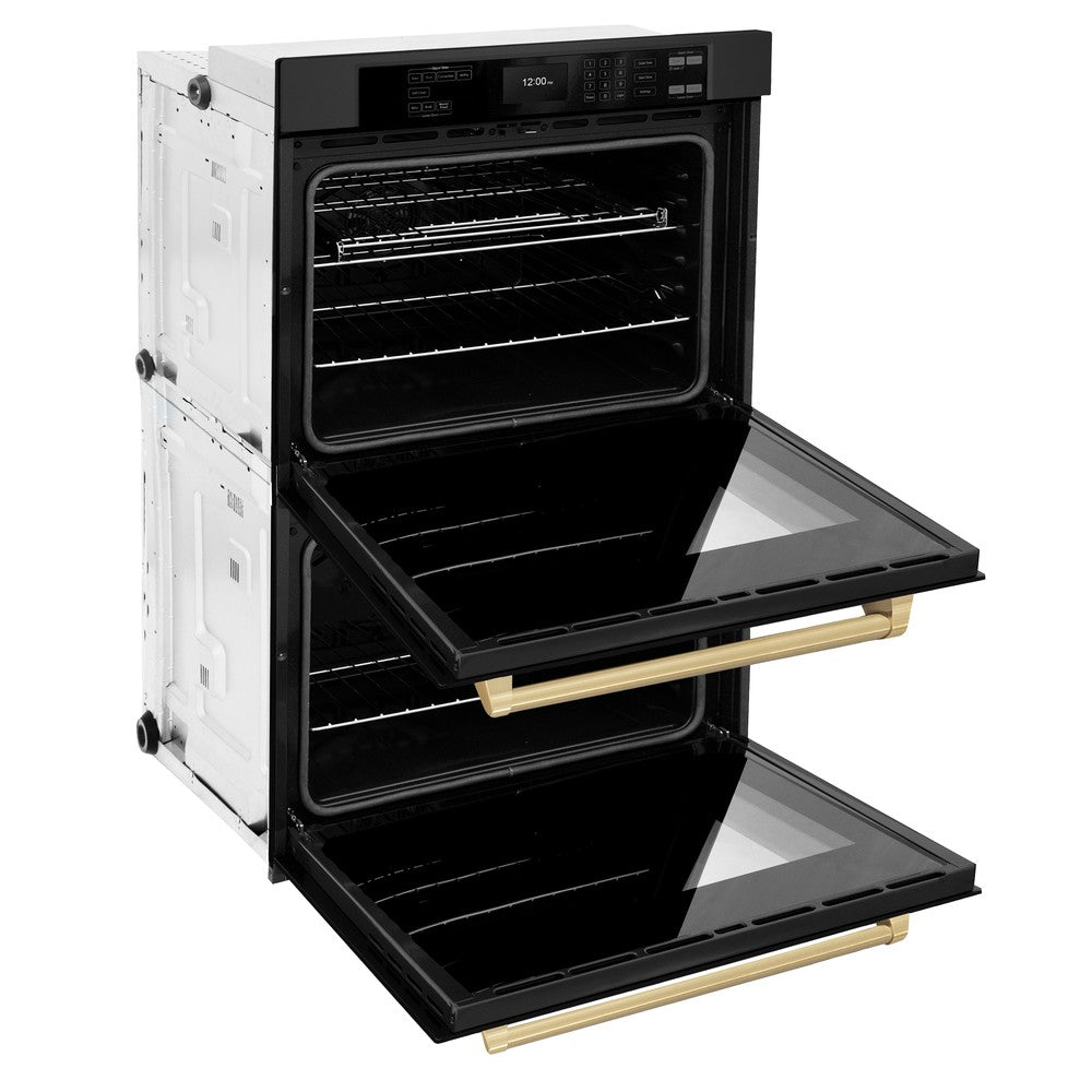 ZLINE Autograph Edition Professional 30-inch wall oven in black stainless steel and champagne bronze accents WADBZ-30-CB, door open