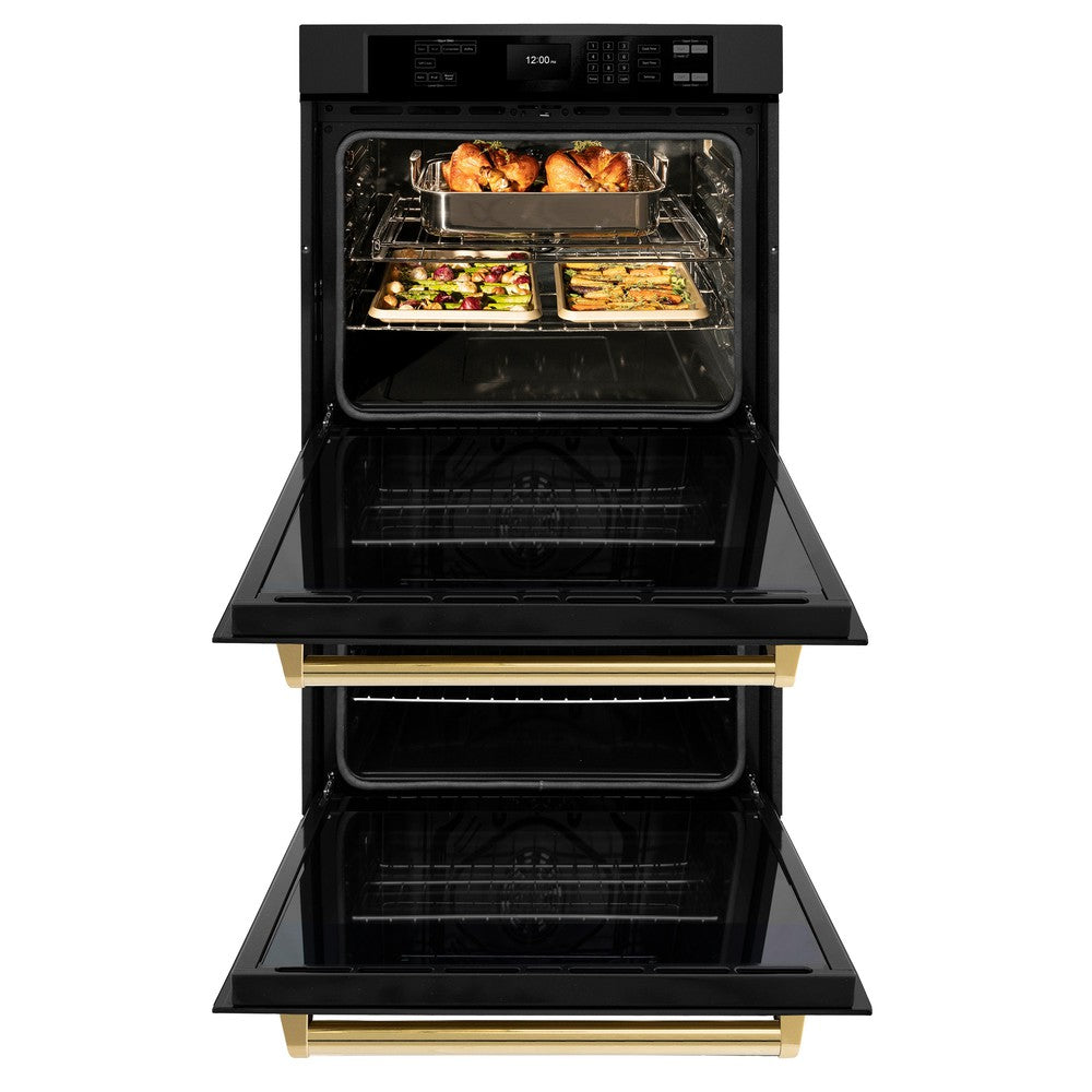 ZLINE Autograph Edition Professional 30-inch wall oven in black stainless steel and polished gold accents WADBZ-30-G, front view
