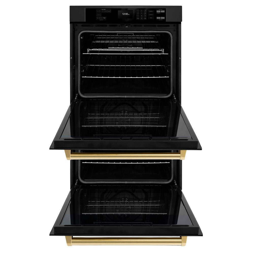 ZLINE Autograph Edition Professional 30-inch wall oven in black stainless steel and polished gold accents WADBZ-30-G, front view