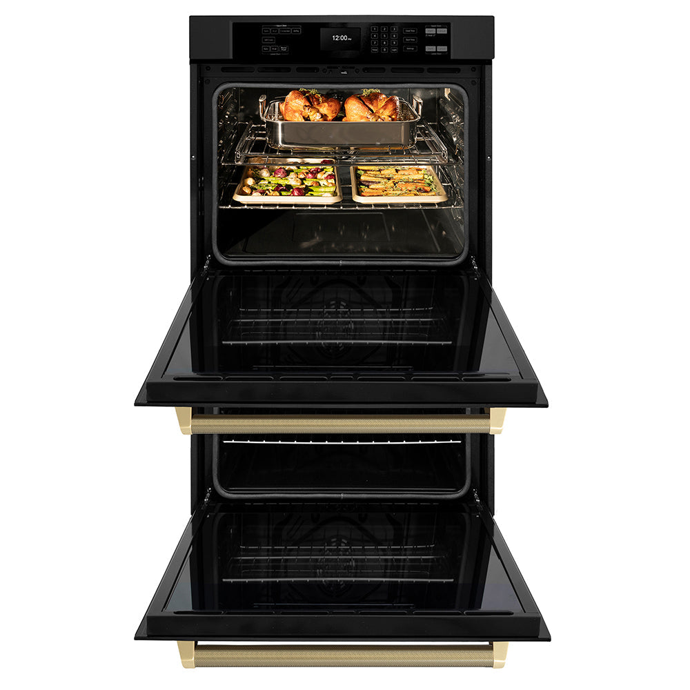 ZLINE Autograph Edition Professional 30-inch wall oven in black stainless steel and champagne bronze accents WADBZ-30-KCB, front view