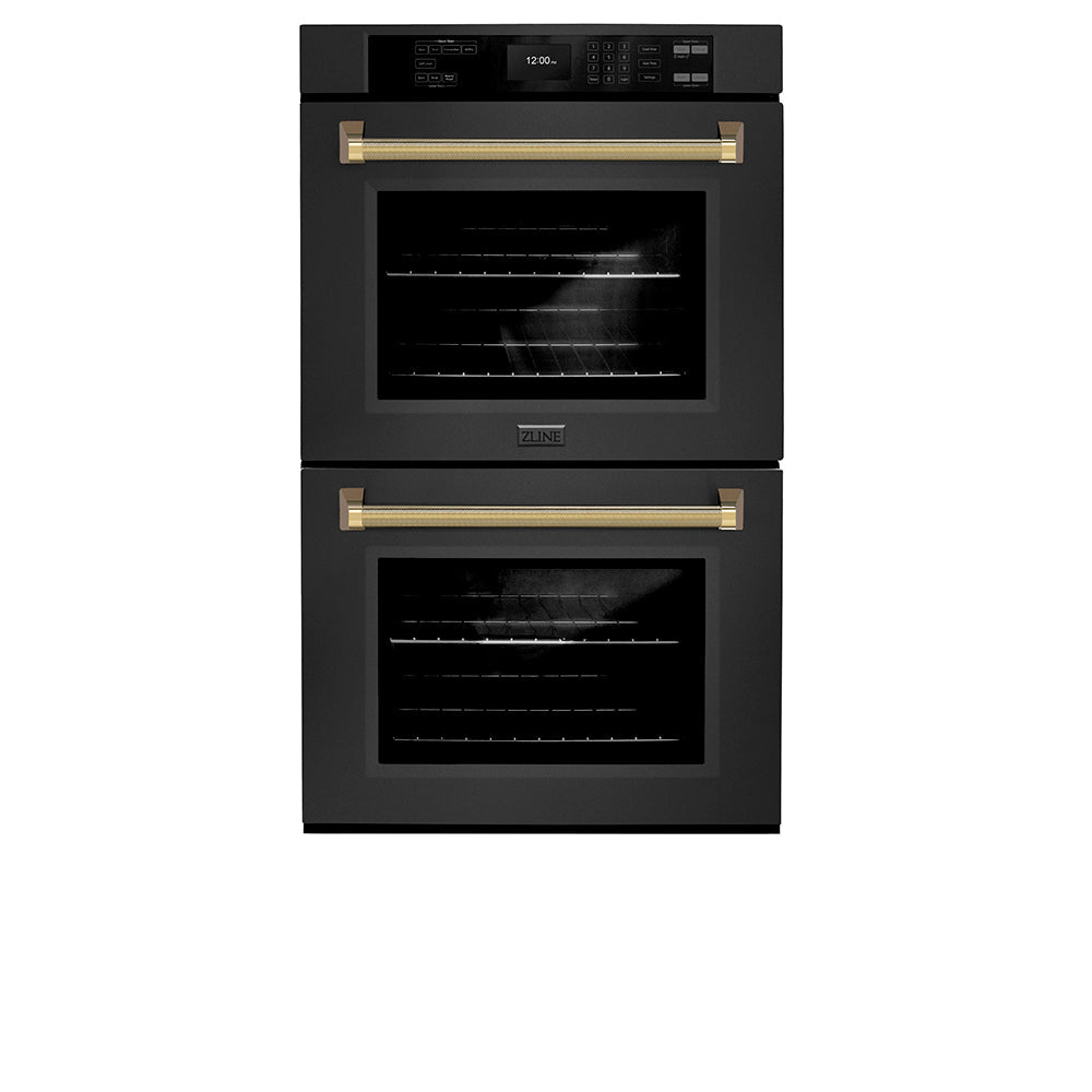 ZLINE Autograph Edition Professional 30-inch wall oven in black stainless steel and polished gold accents WADBZ-30-KG, front view