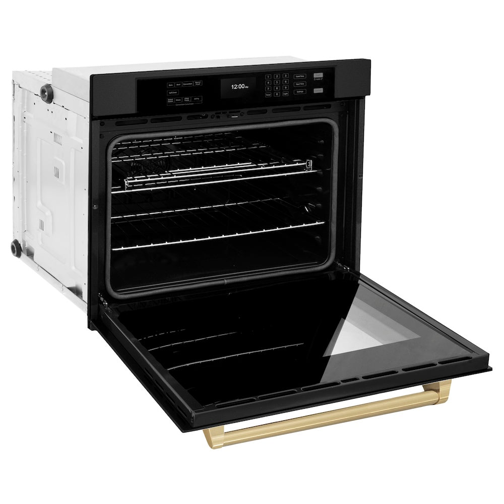 ZLINE Autograph Edition Professional 30-inch wall oven in black stainless steel and champagne bronze accents WASBZ-30-CB, door open