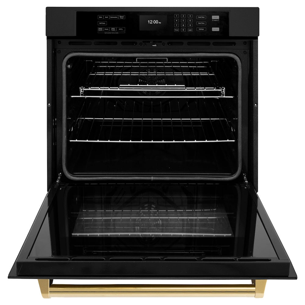 ZLINE Autograph Edition Professional 30-inch wall oven in black stainless steel and polished gold accents WASBZ-30-G, front view