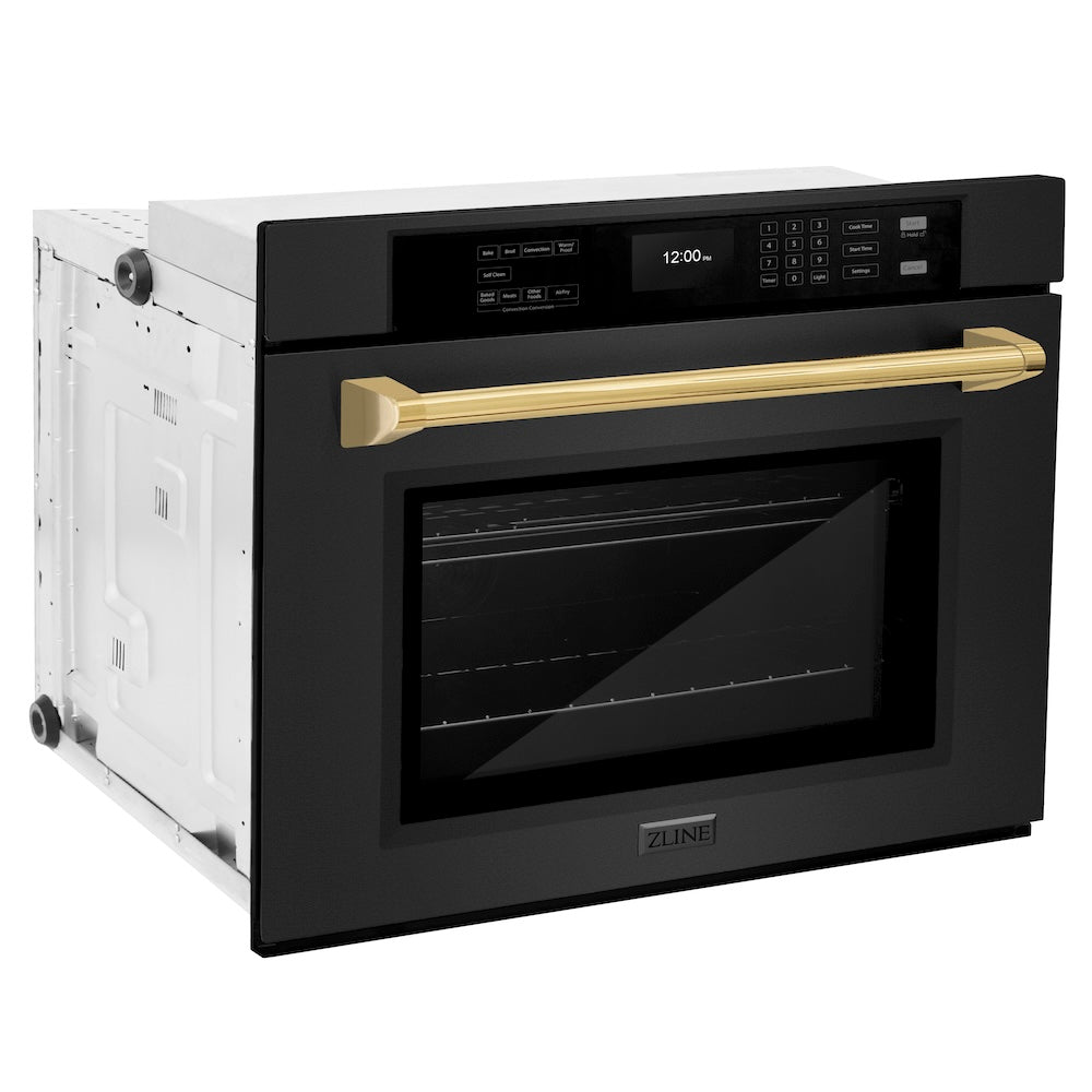 ZLINE Autograph Edition Professional 30-inch wall oven in black stainless steel and polished gold accents WASBZ-30-G, side view