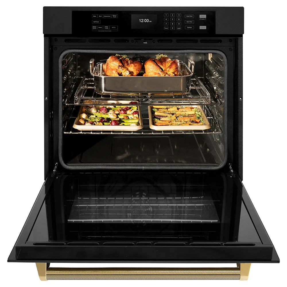 ZLINE Autograph Edition Professional 30-inch wall oven in black stainless steel and polished gold accents WASBZ-30-KG, front view