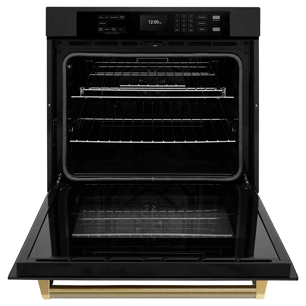 ZLINE Autograph Edition Professional 30-inch wall oven in black stainless steel and polished gold accents WASBZ-30-KG, front view