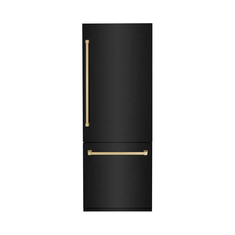 ZLINE Autograph Edition 30-inch refrigerator in black stainless steel with bright white interior and champagne bronze accents RBIVZ-BS-30-CB