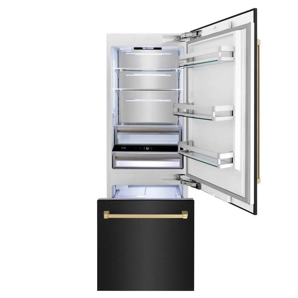 ZLINE Autograph Edition 30-inch refrigerator in black stainless steel with bright white interior and champagne bronze accents RBIVZ-BS-30-CB, front view