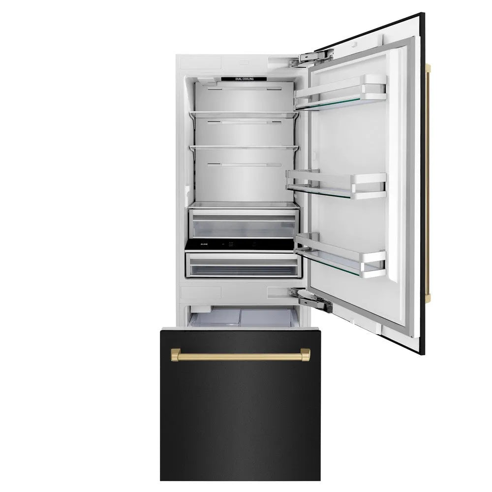ZLINE Autograph Edition 30-inch refrigerator in black stainless steel with bright white interior and champagne bronze accents RBIVZ-BS-30-CB, front view