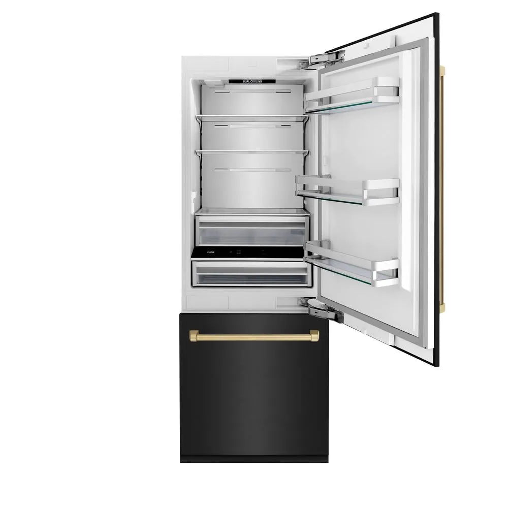 ZLINE Autograph Edition 30-inch refrigerator in black stainless steel with bright white interior and champagne bronze accents RBIVZ-BS-30-CB, front view
