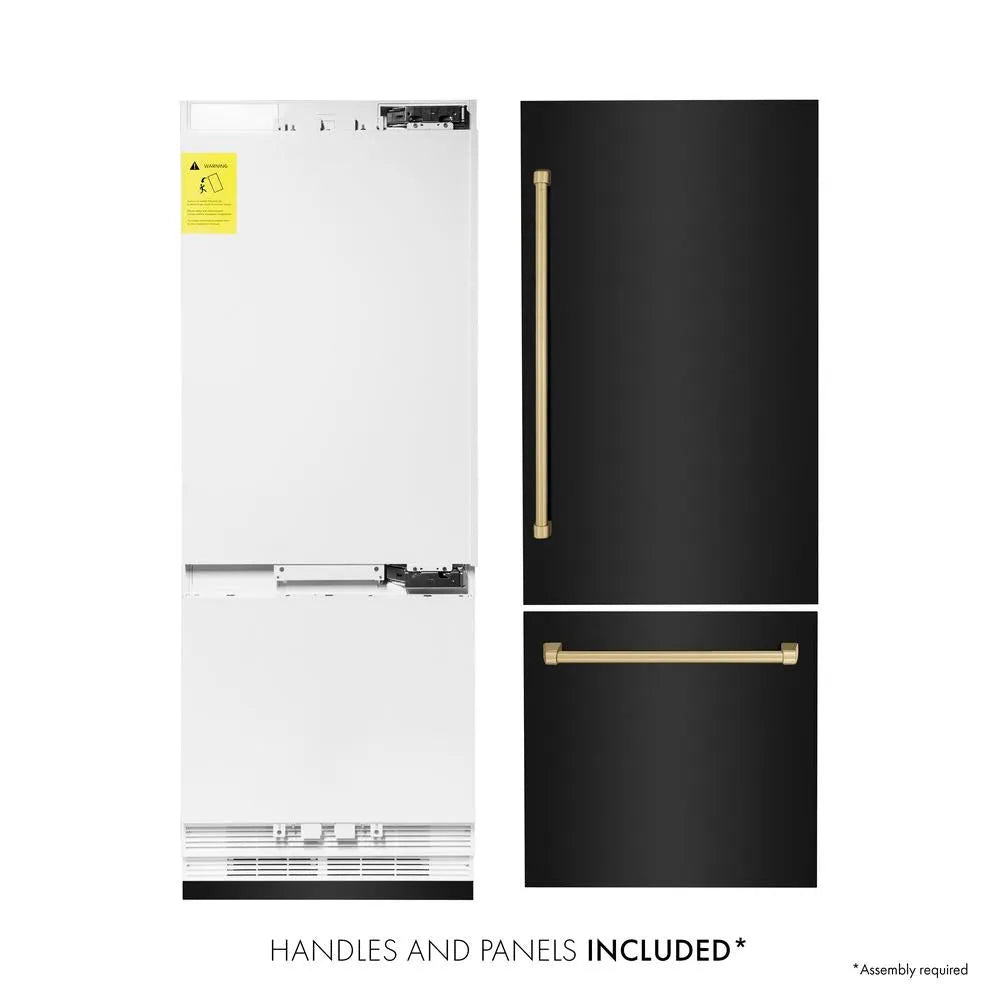 ZLINE Autograph Edition 30-inch refrigerator in black stainless steel with bright white interior and champagne bronze accents RBIVZ-BS-30-CB, front view