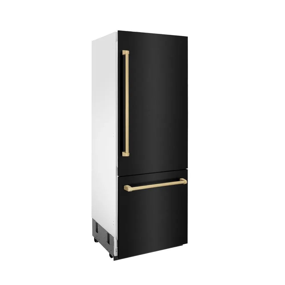 ZLINE Autograph Edition 30-inch refrigerator in black stainless steel with bright white interior and champagne bronze accents RBIVZ-BS-30-CB, side view