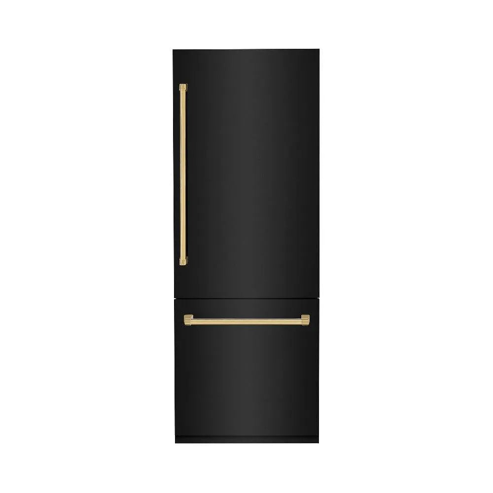 ZLINE Autograph Edition 30-inch refrigerator in black stainless steel with bright white interior and polished gold accents RBIVZ-BS-30-G