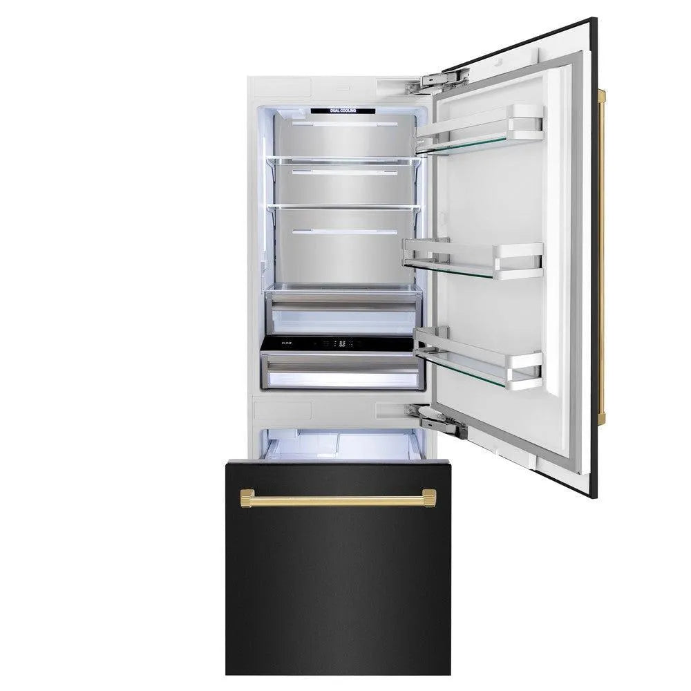ZLINE Autograph Edition 30-inch refrigerator in black stainless steel with bright white interior and polished gold accents RBIVZ-BS-30-G, front view