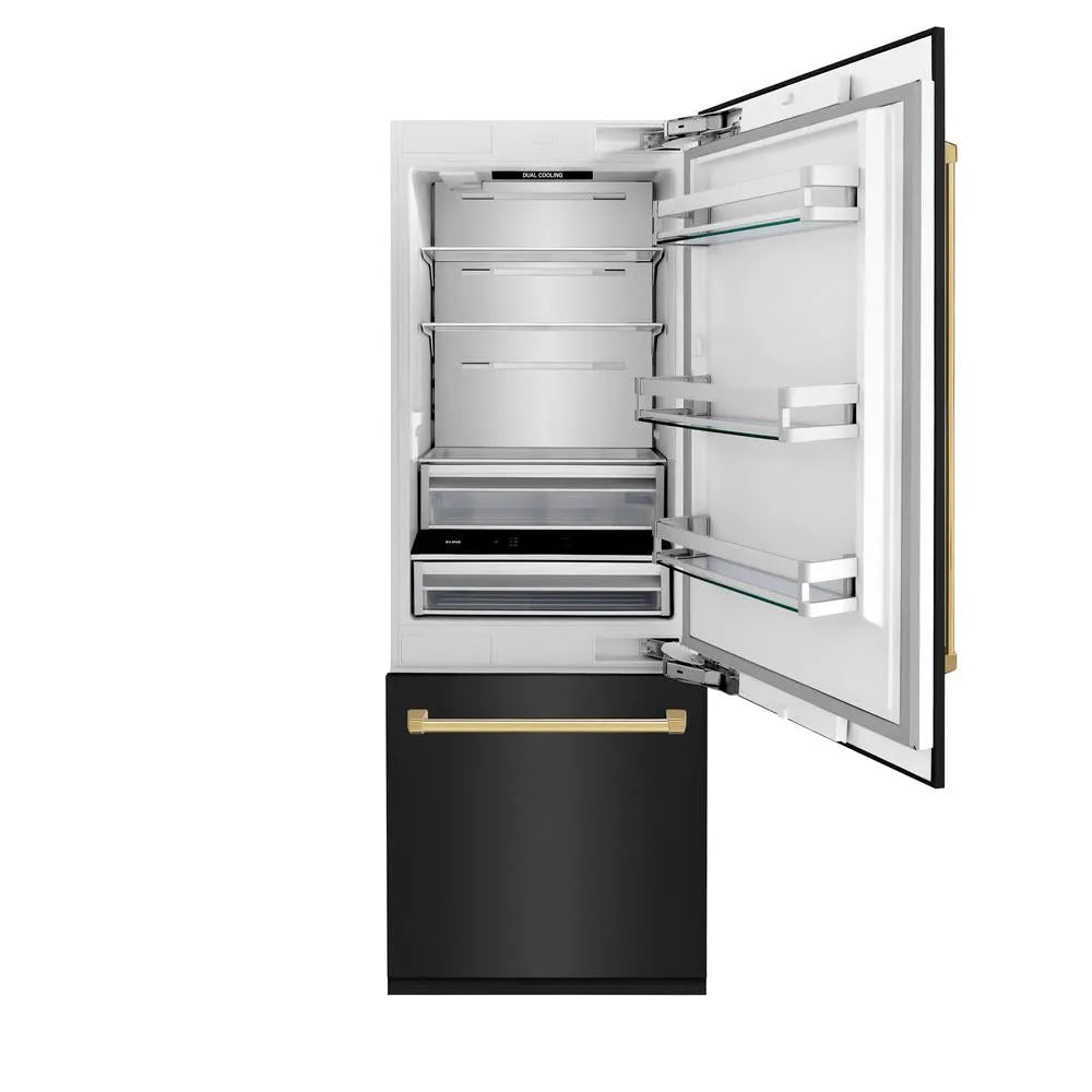 ZLINE Autograph Edition 30-inch refrigerator in black stainless steel with bright white interior and polished gold accents RBIVZ-BS-30-G, front view