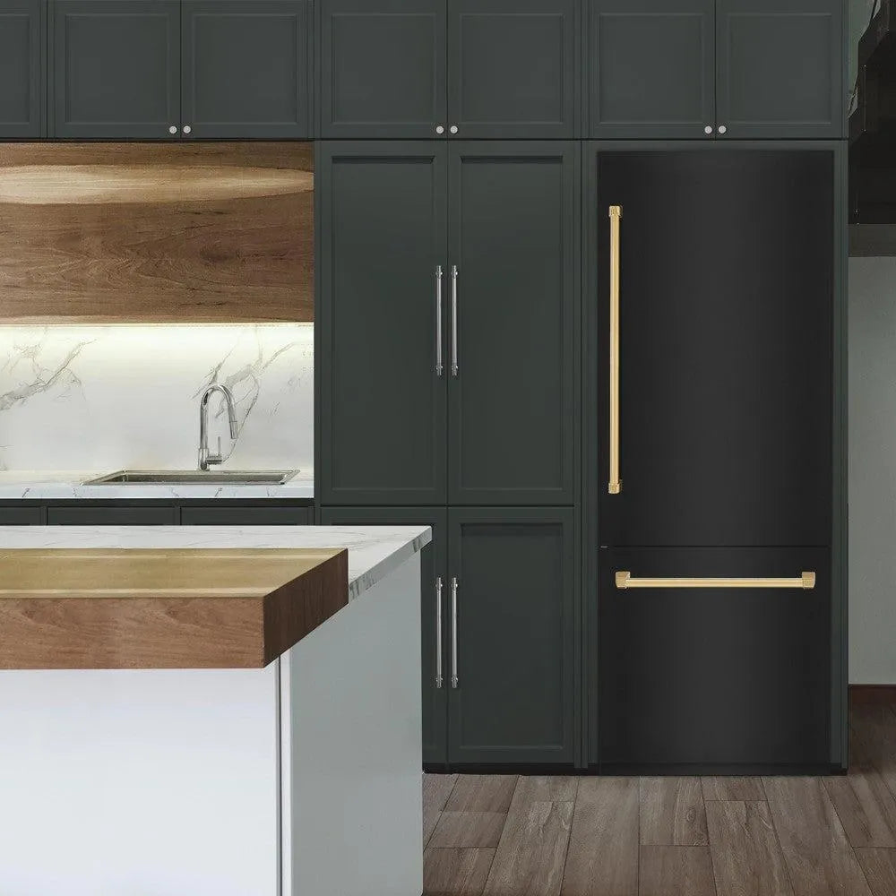 ZLINE Autograph Edition 30-inch refrigerator in black stainless steel with bright white interior and polished gold accents RBIVZ-BS-30-G, view 2