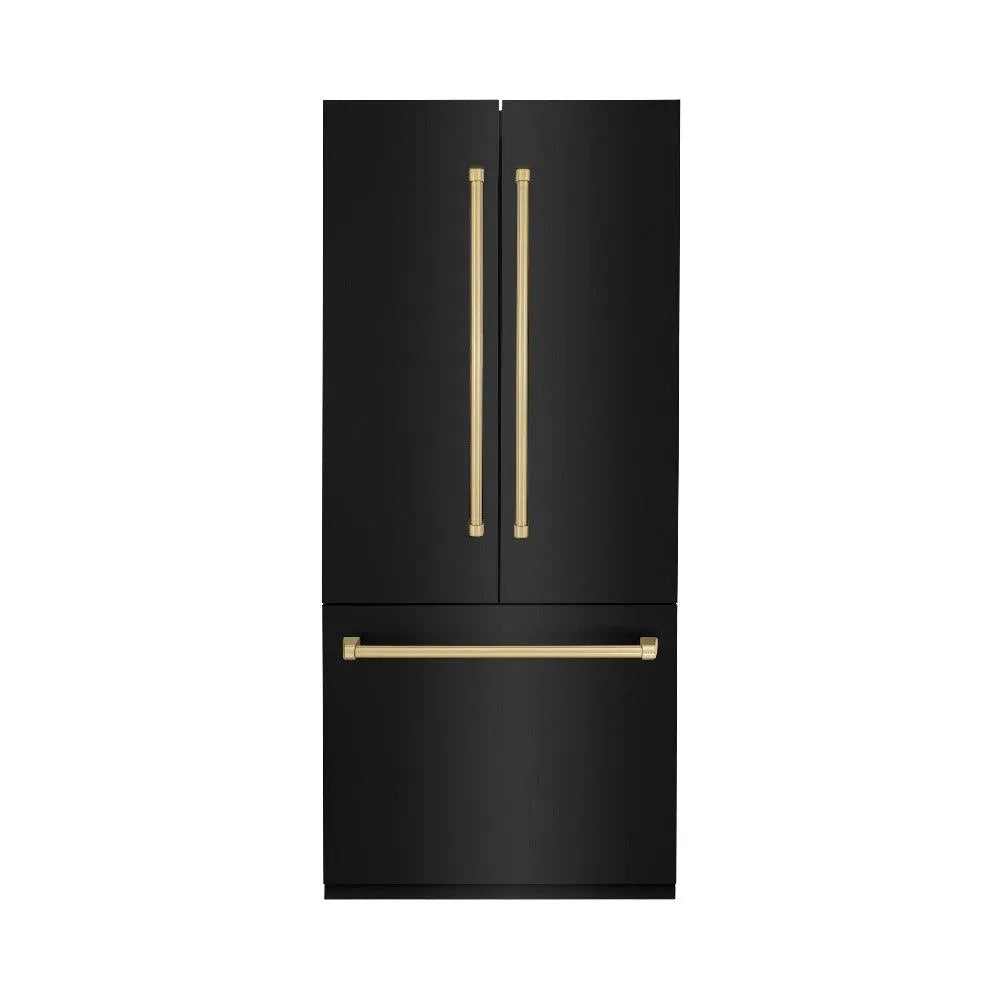 ZLINE Autograph Edition 36-inch refrigerator in black stainless steel with bright white interior and champagne bronze accents RBIVZ-BS-36-CB