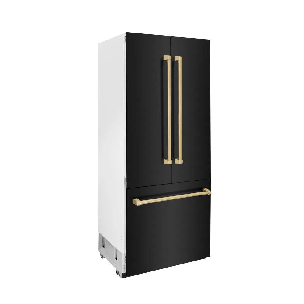 ZLINE Autograph Edition 36-inch refrigerator in black stainless steel with bright white interior and champagne bronze accents RBIVZ-BS-36-CB, side view