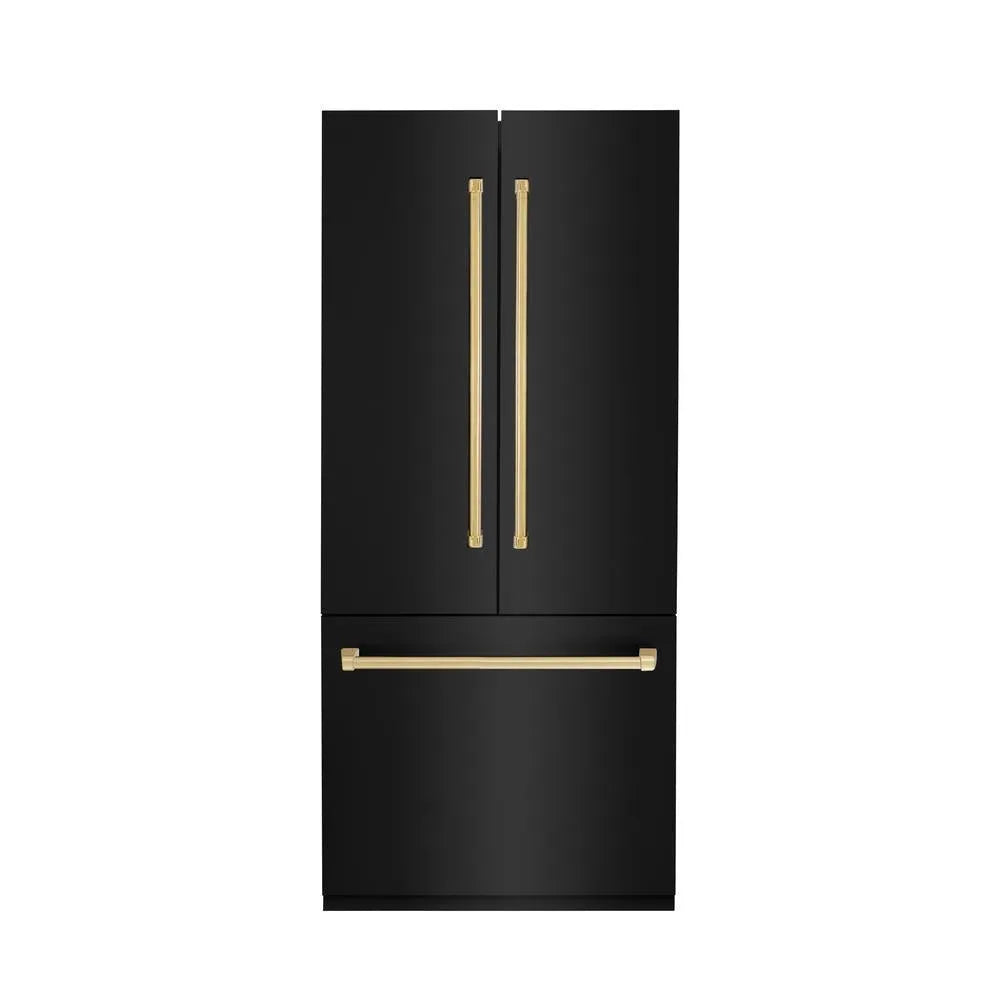 ZLINE Autograph Edition 36-inch refrigerator in black stainless steel with bright white interior and polished gold accents RBIVZ-BS-36-G, front view