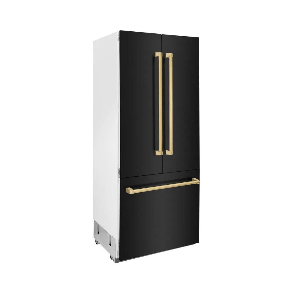 ZLINE Autograph Edition 36-inch refrigerator in black stainless steel with bright white interior and polished gold accents RBIVZ-BS-36-G, side view