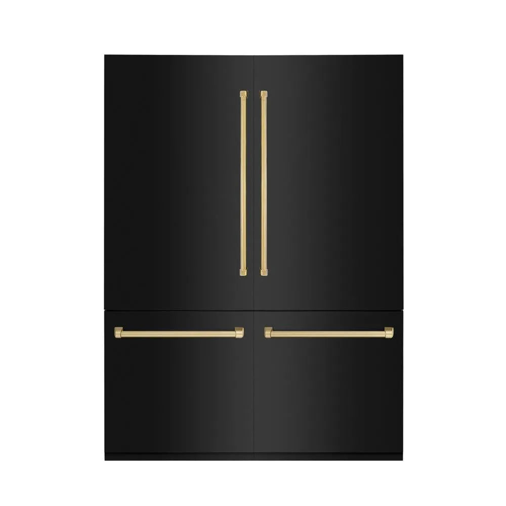 ZLINE Autograph Edition 60-inch refrigerator in black stainless steel with bright white interior and polished gold accents RBIVZ-BS-60-G