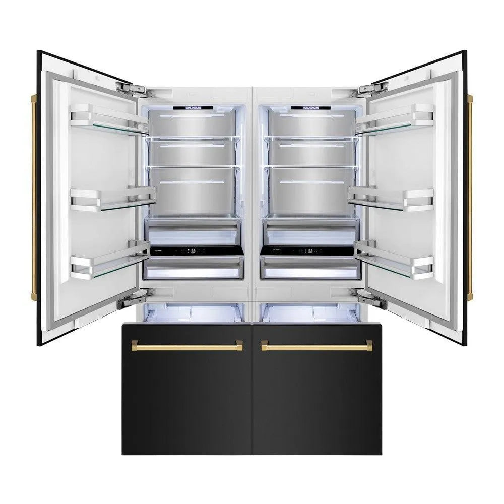 ZLINE Autograph Edition 60-inch refrigerator in black stainless steel with bright white interior and polished gold accents RBIVZ-BS-60-G, front view