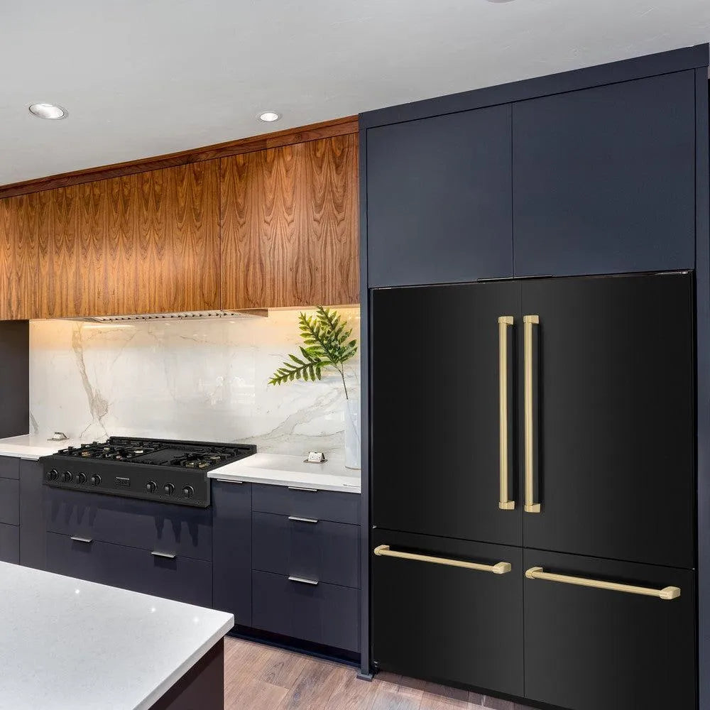 ZLINE Autograph Edition 60-inch refrigerator in black stainless steel with bright white interior and polished gold accents RBIVZ-BS-60-G, view 2