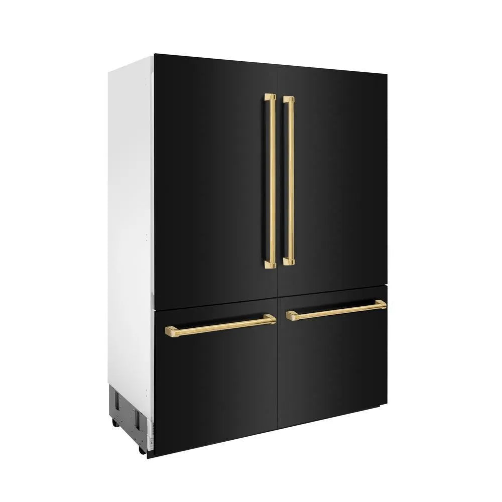 ZLINE Autograph Edition 60-inch refrigerator in black stainless steel with bright white interior and polished gold accents RBIVZ-BS-60-G, side view