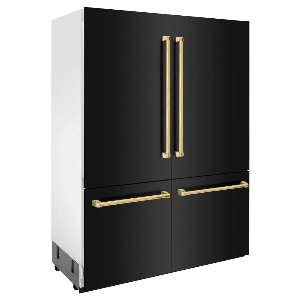ZLINE Autograph Edition 60-inch refrigerator in black stainless steel with bright white interior and polished gold accents RBIVZ-BS-60-G, side view