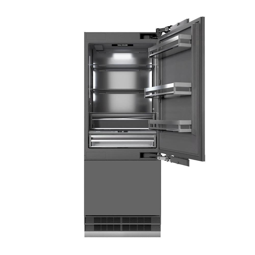 ZLINE Autograph Edition 30-inch refrigerator, panel ready with graphite gray interior and matte black accents GRBIVZ-30-MB, front view