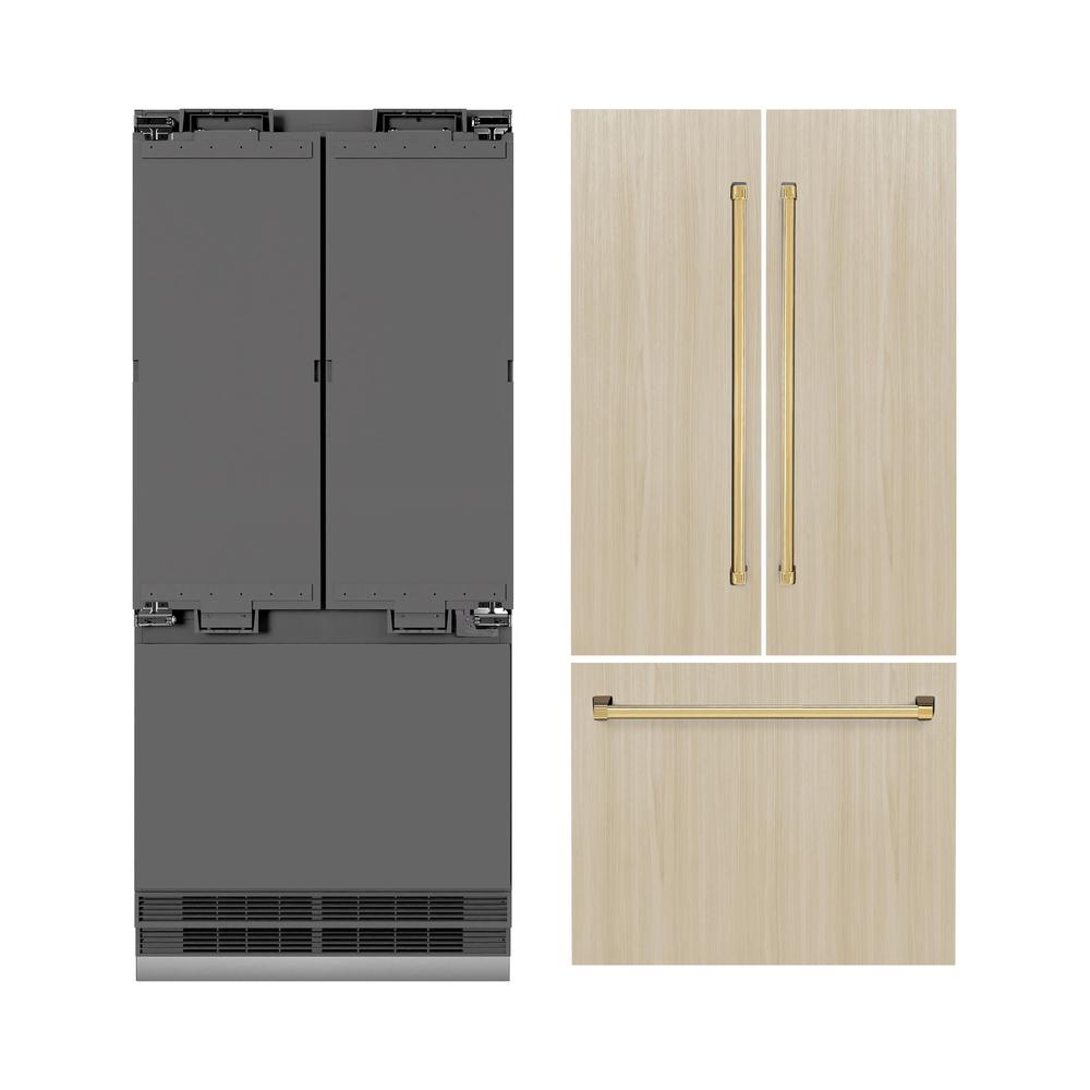 ZLINE Autograph Edition 36-inch refrigerator, panel ready with graphite gray interior and polished gold accents GRBIVZ-36-G, front view