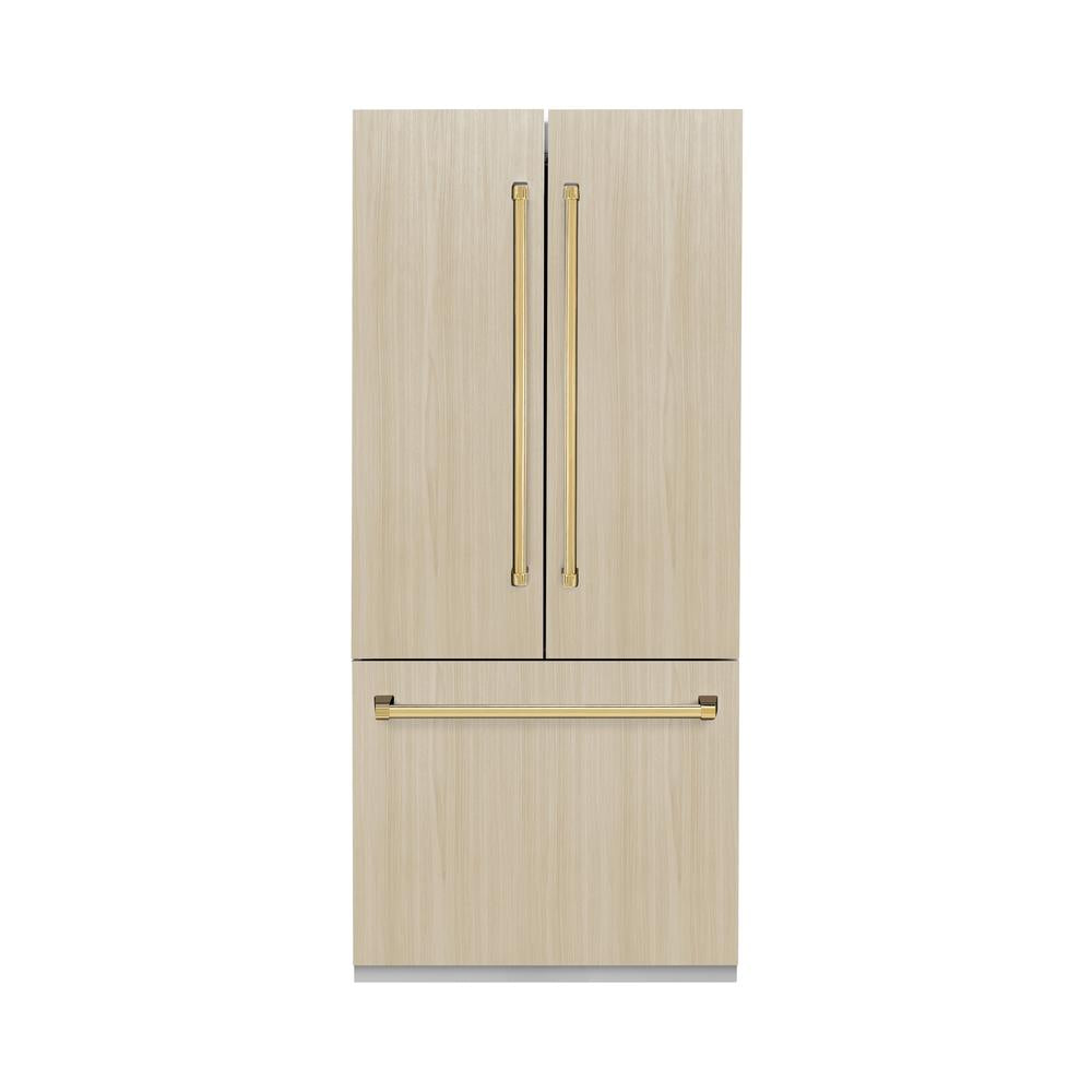ZLINE Autograph Edition 36-inch refrigerator, panel ready with graphite gray interior and polished gold accents GRBIVZ-36-G, front view