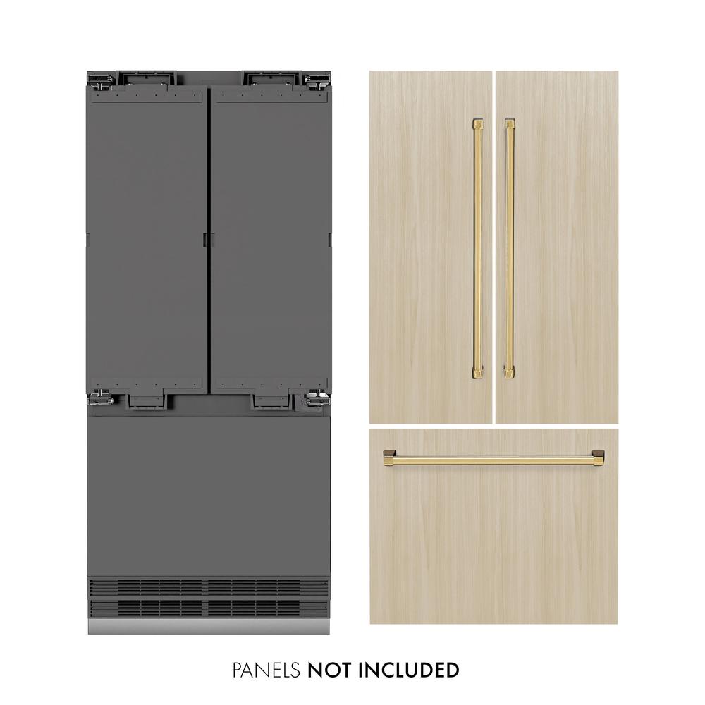 ZLINE Autograph Edition 36-inch refrigerator, panel ready with graphite gray interior and polished gold accents GRBIVZ-36-G, front view
