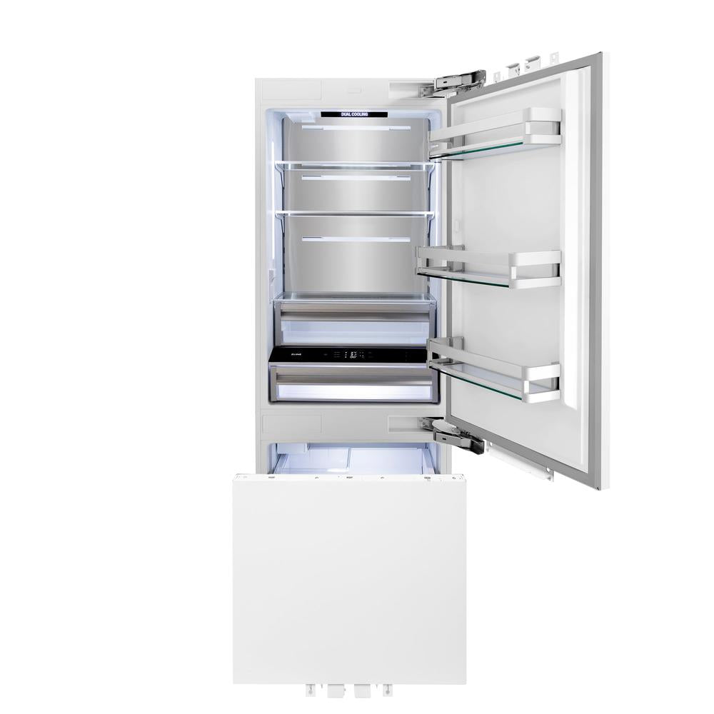 ZLINE Autograph Edition 30-inch refrigerator, panel ready with bright white interior and champagne bronze accents RBIVZ-30-CB, front view