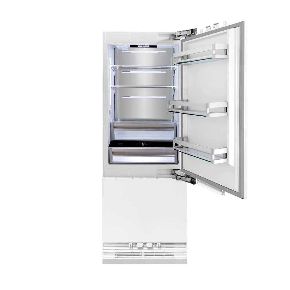 ZLINE Autograph Edition 30-inch refrigerator, panel ready with bright white interior and champagne bronze accents RBIVZ-30-CB, front view